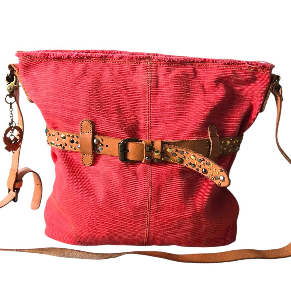 Lucky Brand Crossbody Bag Coral Orange Canvas Leather Sack Studded Mixed Media